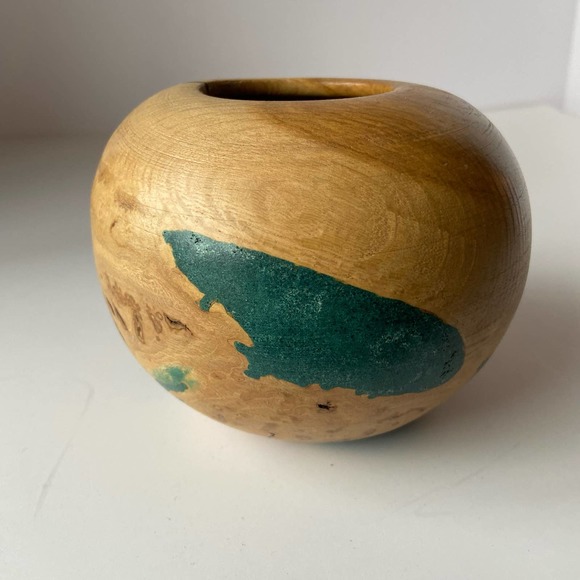 Oak Burl Vase Round Hand Carved Painted Art Studio Wood - Picture 2 of 14